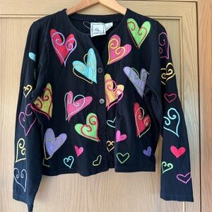 Vintage Michael Simon Lite Black Cotton Button Front Colorful Heart Embroidery/L